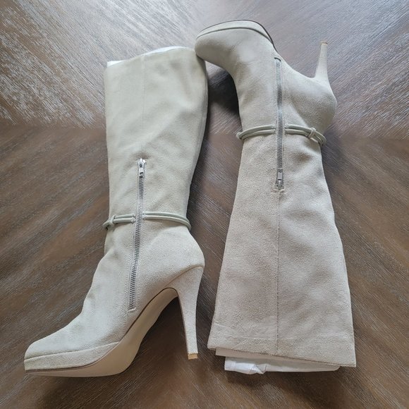 BOSTON PROPER BRAND NEW TUBULAR TRIMMED IVORY SUEDE TALL BOOTS - Picture 1 of 7